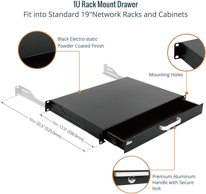 Tecmojo 1U Rack Drawer,Rack Mount Drawer for 19in Network Equipment/Server/AV Rack or Cabinet Enclosure,Sliding and Lockable Server Rack Drawer - Load-Bearing 44lb (20kg),with Cable Management Holes
