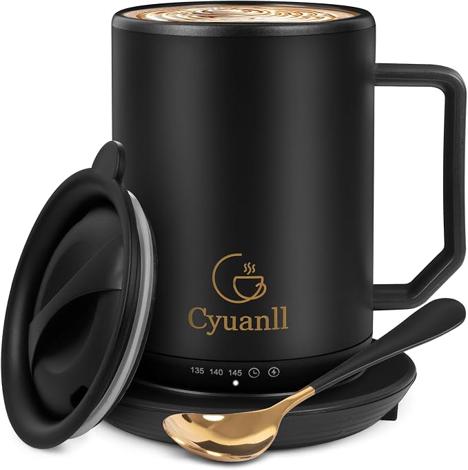 Upgraded Heated Coffee Mug with Auto Shut-Off Function,Self-Heating Temperature Control Mug with Lid and Spoon,Smart Mugs Warmer for Coffee,3 Temperature Settings,Gifts for Men and Women(Black-12 oz)