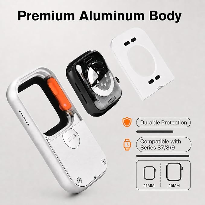RePod Aluminum Case for Apple Watch Series S7/8/9, Transform Watch into Retro Music Player, 45mm CNC Metal Protective Cover with Functional Click Wheel (Silver)