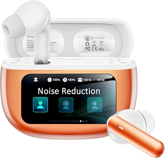 Wireless Earbuds with Smart Touchscreen Case, Bluetooth 6.0 Ear Buds with AI Noise Cancelling Calls, 40H Playtime Stereo Headphones, IPX7 Waterproof Earbuds for Workout, Travel, iPhone,Android,Orange