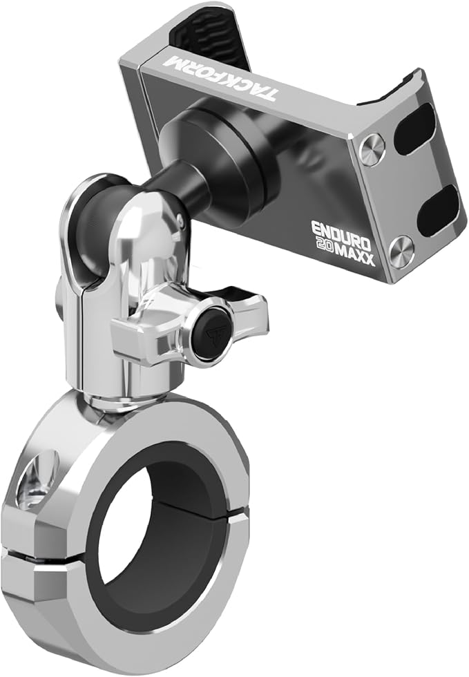 Tackform Chrome Motorcycle All Metal Phone Mount - 20MAXX Spring Cradle | Universal Clamp Fits 1-1/4" to 1-1/2" Handlebars | Aluminum | Compatible with iPhones, Galaxy Devices, More | Short Reach Arm