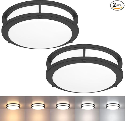 2 Pack Black Ceiling Light, 10 Inch Flush Mount LED Ceiling Light Fixture - Matt Black Bathroom Bedroom Lights LED 2700K/3000K/3500K/4000K/5000K Adjustable Hallway Ceiling-Light, 17W