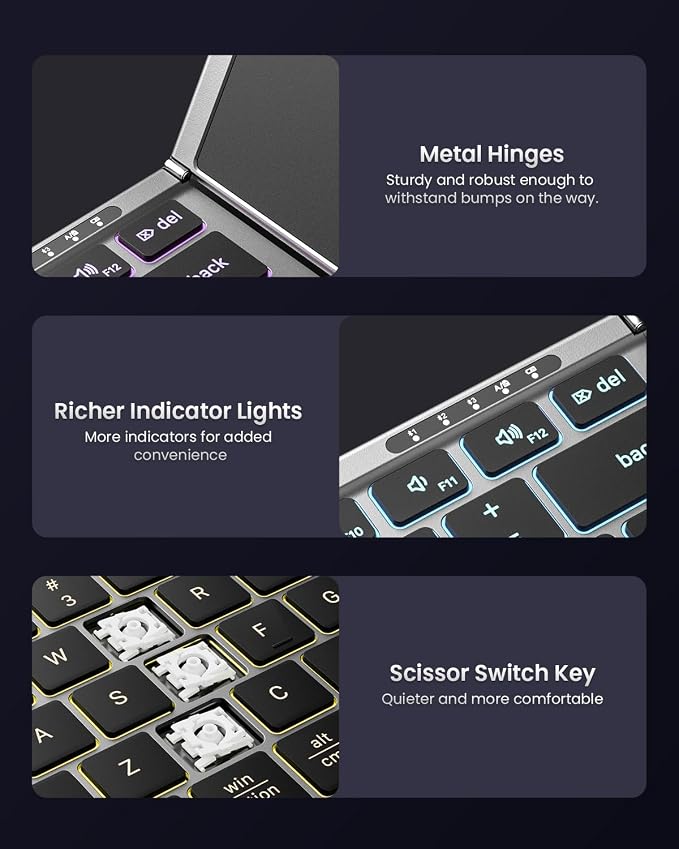 Samsers Foldable Bluetooth Keyboard with Touchpad, Full-Size Wireless Folding Keyboard with Backlight, Portable Travel Keyboards for iOS Android Windows Mac OS, Support 3 Device(BT5.1 x 3), Gray