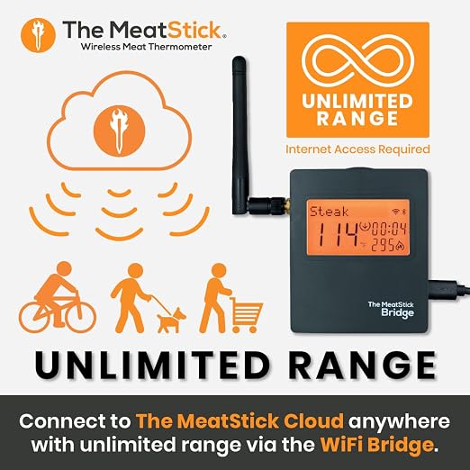 MeatStick 4X WiFi Travel Kit [Unlimited Range] | Quad Sensors Smart Wireless Meat Thermometer with Bluetooth | for Smoking, Grilling, BBQ, Air Fryer, Deep Frying, Oven, Sous Vide, Rotisserie