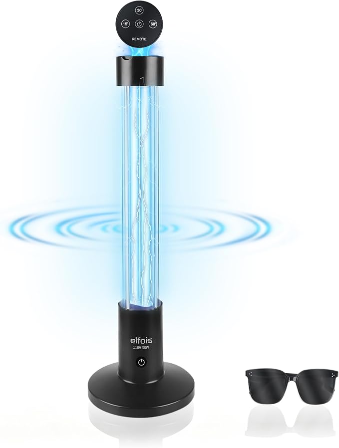 UV Light Sanitizer Lamp Upgraded 38W with Radar Motion Sensor & Voice Alert, 254nm Ozone-Free UVC Lamp for Room Sanitization, 3 Timer Modes, Magnetic Remote & Protective Glasses Included