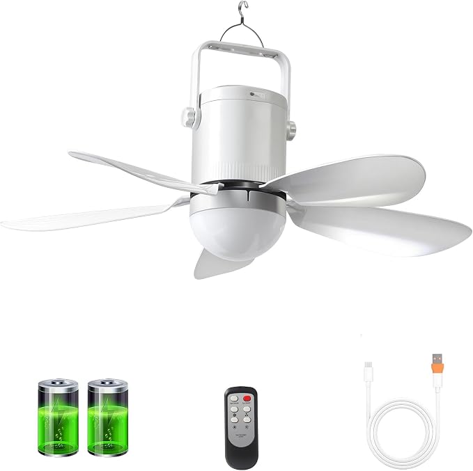 17'' Ceiling Fan with Light and Remote, 10800mAh Battery Operated Gazebo Fan，Outdoor Hanging Fan for Gazebo, RV，Patio, Camping Tent, Greenhouse,Porch ，Chicken Coop, USB-C Fast Charge