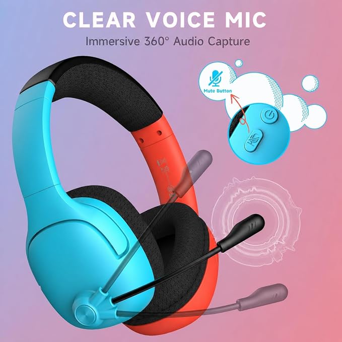 AOC Wireless Gaming Headset for Nintendo Switch 2/OLED/Lite, Wireless Gaming Headphones with Mic, 3.5mm Stereo, Noise Cancelling Mic, Lightweight On-Ear for PS5, PC, Fortnite (Red/Blue)