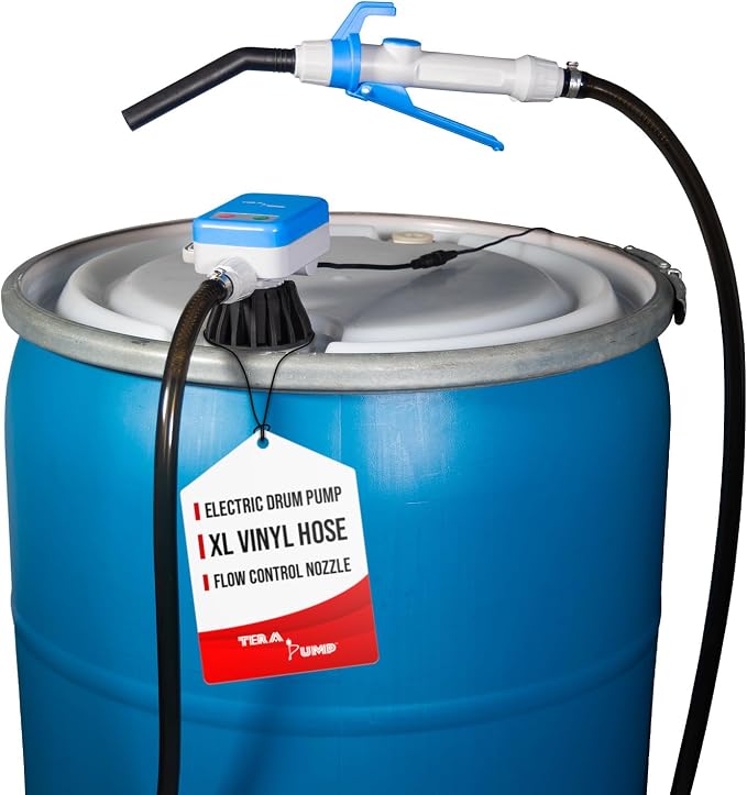 TERA PUMP Electric Powered 55 Gallon Drum Barrel Pump, 2.4GPM | Quick Stop Flow Control Nozzle, 9.8-ft XL Heavy-Duty Vinyl Hose, 39" Flexible Intake Hose, For DEF, Antifreeze, Washer Fluid