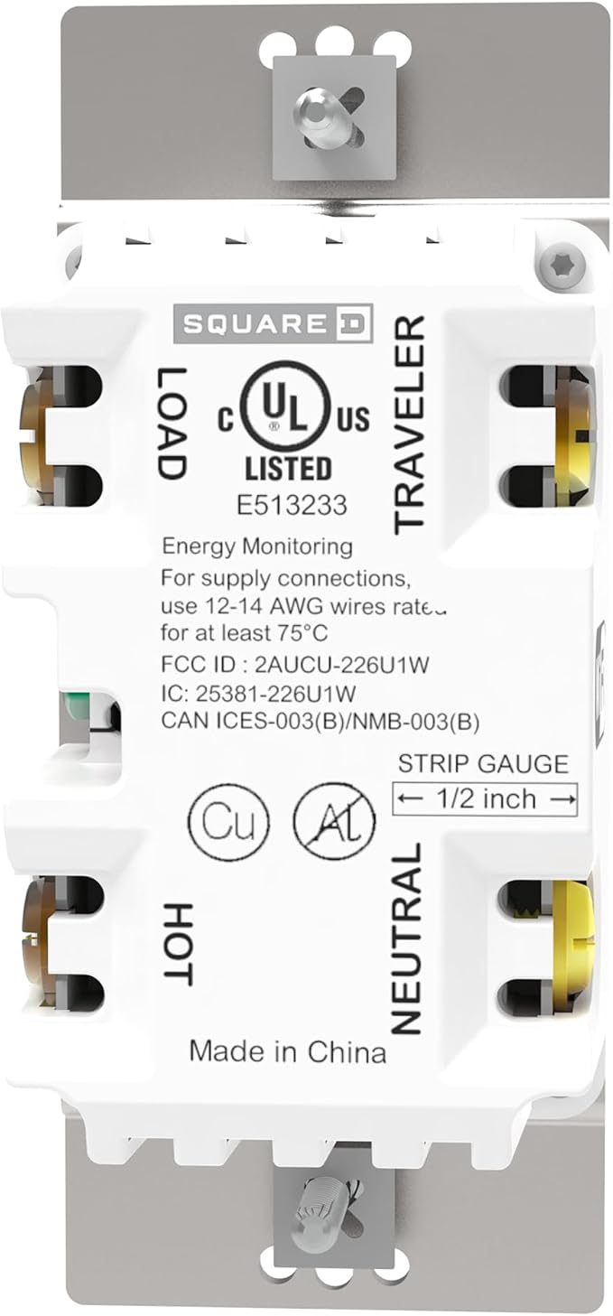 Square D by Schneider Electric X Series 15 Amp WiFi Energy Monitoring Light Switch, Single-Pole/3-way, 600 Watt, Rocker, Matter Certified, Works with Alexa, Google Home, Apple Home, Matte Grey