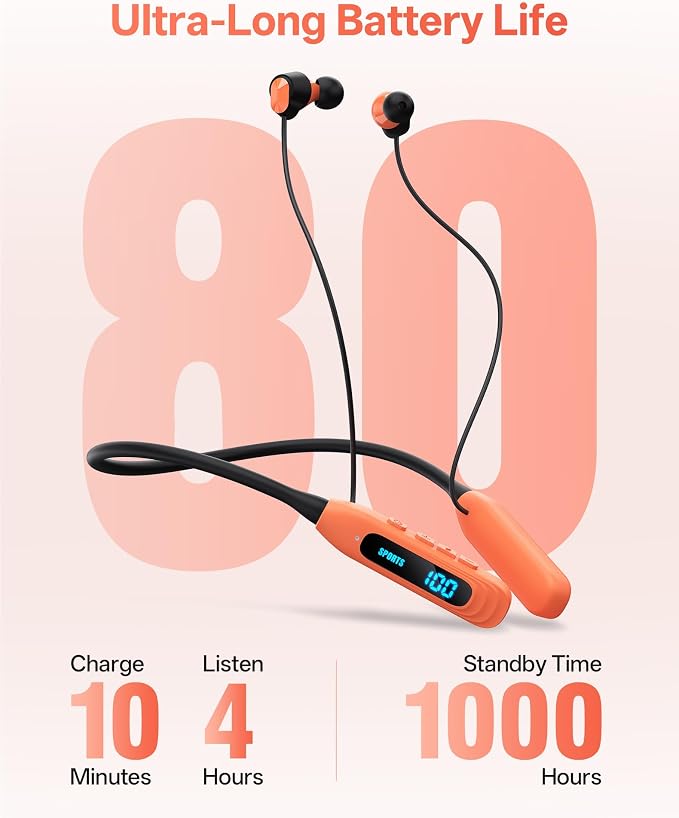 JL&MI Neckband Bluetooth Headphones, Wireless Sport Earphones with 80-Hour Battery and LED Display, Bluetooth 5.4 Magnetic Earbuds, Comfort Fit for Running, Gym, Travel (Orange)