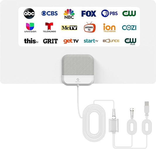 2026 Indoor TV Antenna, Amplified HDTV Antenna with 75 Miles Reception, 16ft Cable, USB Signal Booster, ATSC 3.0, 4K 1080p Smart TV, VHF UHF, Ultra Thin, Local Channels Without Cable