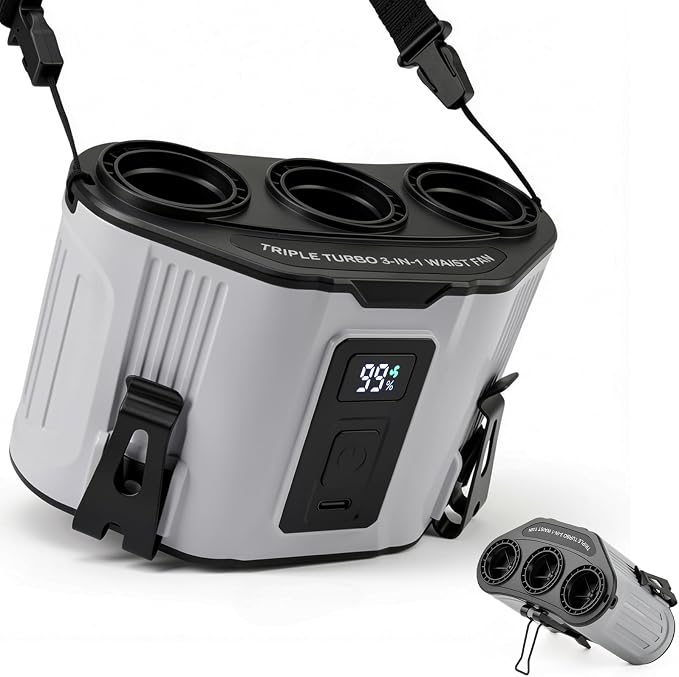 Portable Personal Fan: 3-Motor Hands-Free Waist Fan with 12,000mAh Battery & 5-Speed Airflow – Powerful Cooling for Construction Sites, Camping, Hiking & Travel-Belt Fan-Grey