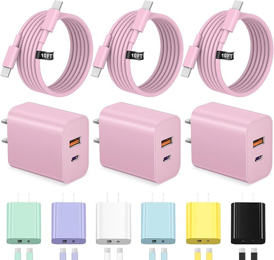 iPhone 17 16 15 Charger Fast Charging USB C Charger Block Type C Chargers Charging Block with 3 Pack 10FT Cable for iPhone 17/17 Plus/17 Pro Max/16/16 Plus/16 Pro Max/15 Pro Max/iPad Pro(Pink