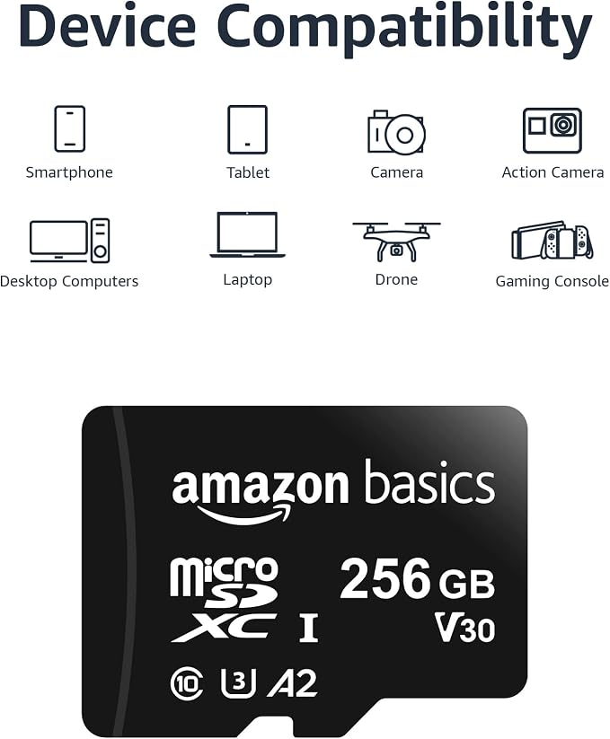 Amazon Basics microSDXC Memory Card with Full Size Adapter, A2, U3, Read Speed up to 100 MB/s, 256GB, Black