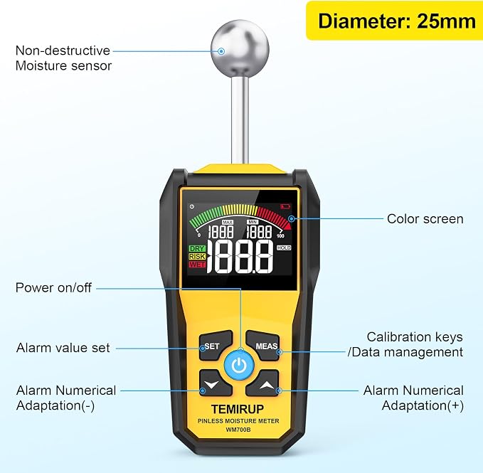 Moisture Meter, TEMIRUP Pinless Moisture Meter –Wood Moisture Detector for Walls, Drywall, Firewood & Concrete, Digital Moisture Tester with 3-Color LCD Display Reader, Audible Alarm & Hold Function