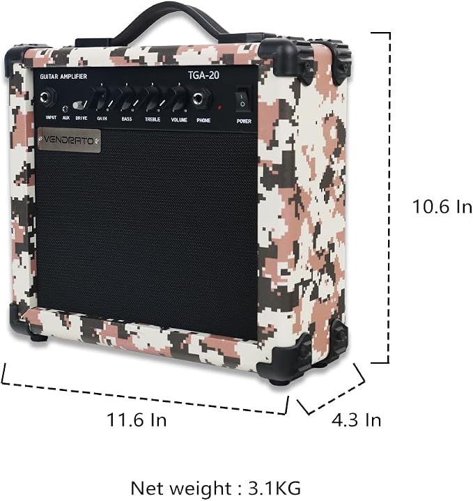 Electric Guitar Amplifier Camo Pixel Color 20W Guitar Amp Portable Practice 6.5Inch Speaker Input Jack Aux Drive Gain Bass Treble Volume Headphone Multi Function Suitable for Beginner Starter