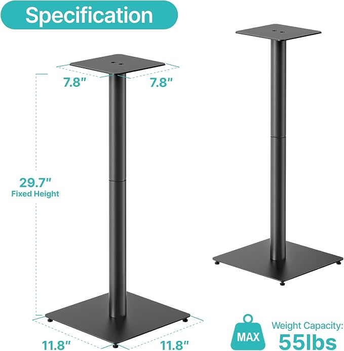 Speaker Stands Pair, 30" Fixed Height, 55lbs Weight Capacity, 11.8" Base, Cable Management, Freestanding Speaker Floor Stand for Surround Sound, Metal Base
