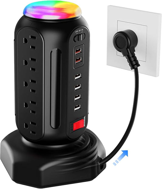 Multiple Outlets Power Strip Tower with Colorful Nightlight, 15 AC Outlets and 6 Fasting USB Ports, 6.5ft Extension Cord, 900J Surge Protector with Outlet Overload Protection for Home, Office (Black)