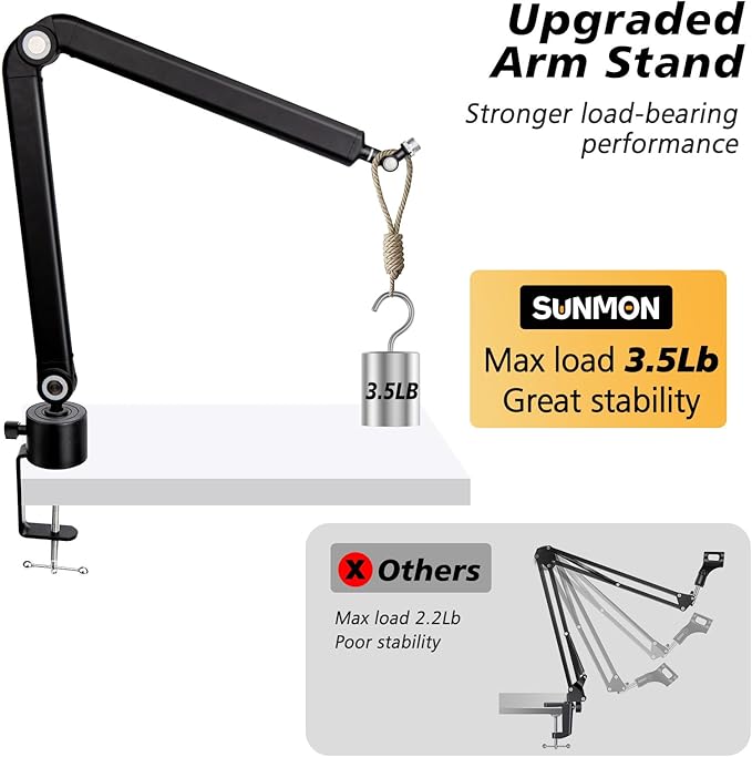 SUNMON Shure SM7dB Boom Arm with Pop Filter - Adjustable Mic Arm Compatible with SM7dB Microphone, Noise reduction Mic Windscreen, Weighted Metal Height adjustment Mic Stand for Shure Microphone