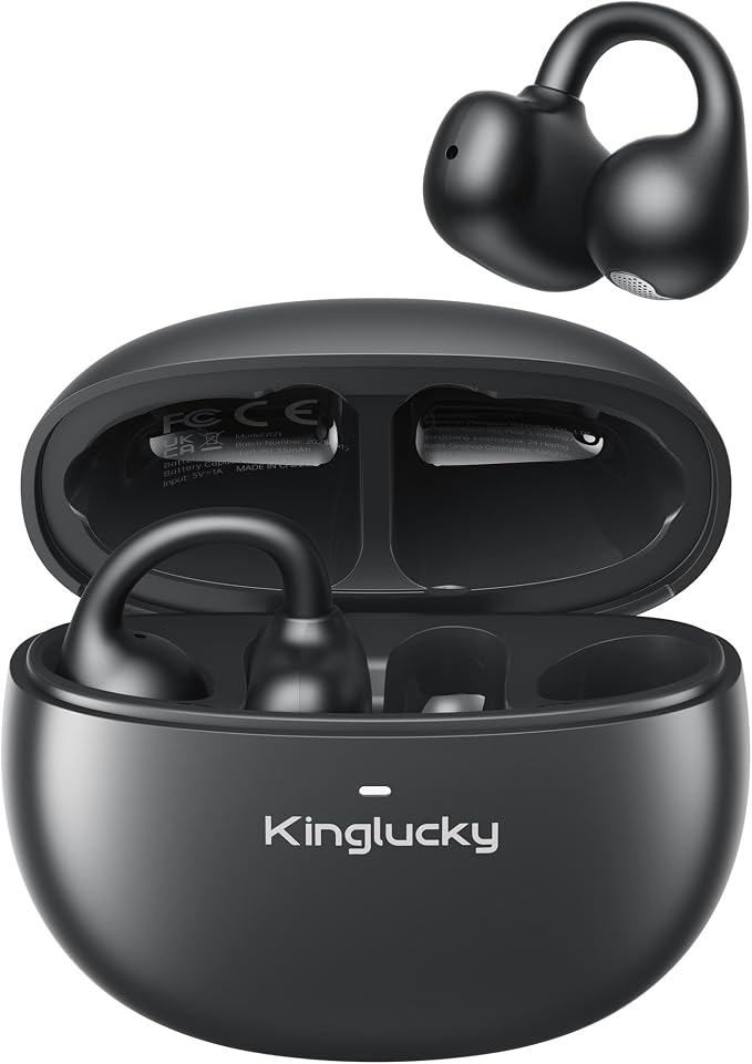 Kinglucky Upgraded Clip-On Earbuds Comfortable fit & Crystal-Clear Sound, 40H Playtime Open Ear Buds Bluetooth 6.0 Wireless Headphones for Women Ideal for Small Ears,Sports,Workouts,Glasses Black