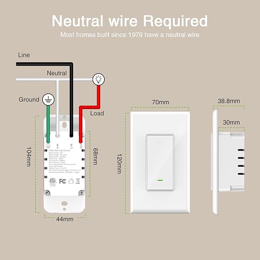 GHome Smart Switches for Lights, WiFi Smart Light Switch Works with Alexa and Google Home, Single-Pole, Neutral Wire Required, 2.4Ghz WiFi Light Switch with APP Control, No Hub Required, UL FCC Listed