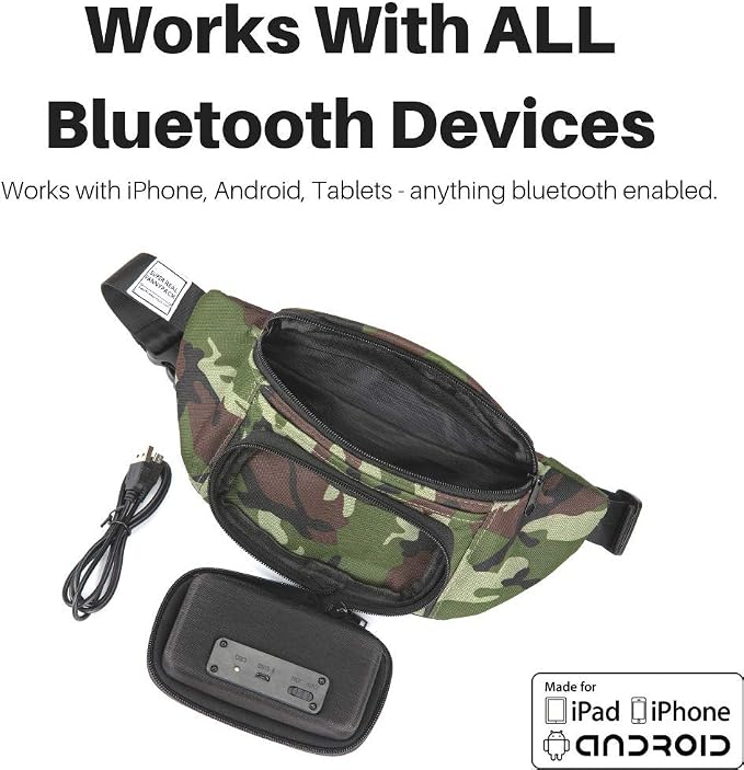 Fannypack with Speakers. Bluetooth Fanny Pack for Parties/Festivals/Raves/Beach/Boats. Rechargeable, Works with iPhone & Android. (Camo)