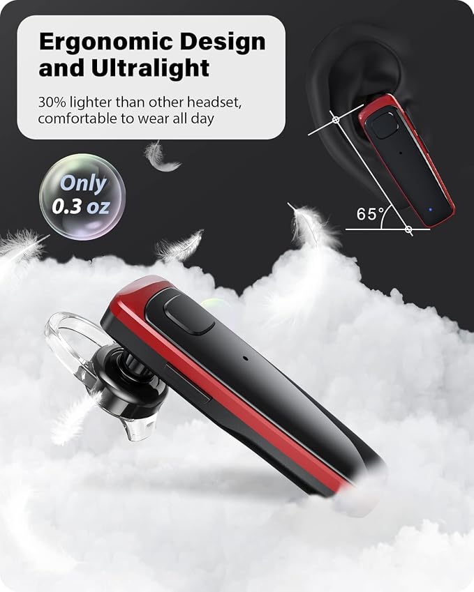 ADADPU Bluetooth Headset - V5.0 Wireless Handsfree Earpiece Built-in Dual Mic Noise Cancelling, 10 Days Standby 16Hrs HD Talktime Ultralight Headset for iPhone Android Samsung Laptop(Red)