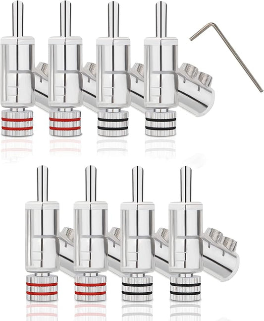 Monosaudio Locking Banana Plugs 8Pcs 45 Degree Banana Connectors Double Screw Speaker Plug for 8-15 Guage Speaker Wire,Audio/Video Receiver,Sound Systems with L-Form Hex Wrench(Rhodium Plated)