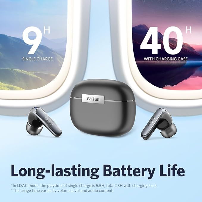 EarFun Air 2 Wireless Earbuds, 10mm Drivers with LDAC Bluetooth Earbuds, Hi-Res Audio, Bluetooth 5.3 with Multipoint Connection, 4 Mics, Wireless Charging, 40H Playtime, App Customization, IPX7