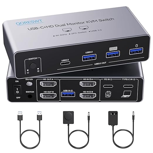 KVM Switch 2 Monitors 2 Computers USB C, Desktop + Laptop Dual Monitor KVM Switch, Support 4K@60Hz with PD Power Function for Laptop, Suitable for Office/Work from Home, Programmer Setup, AI Worker