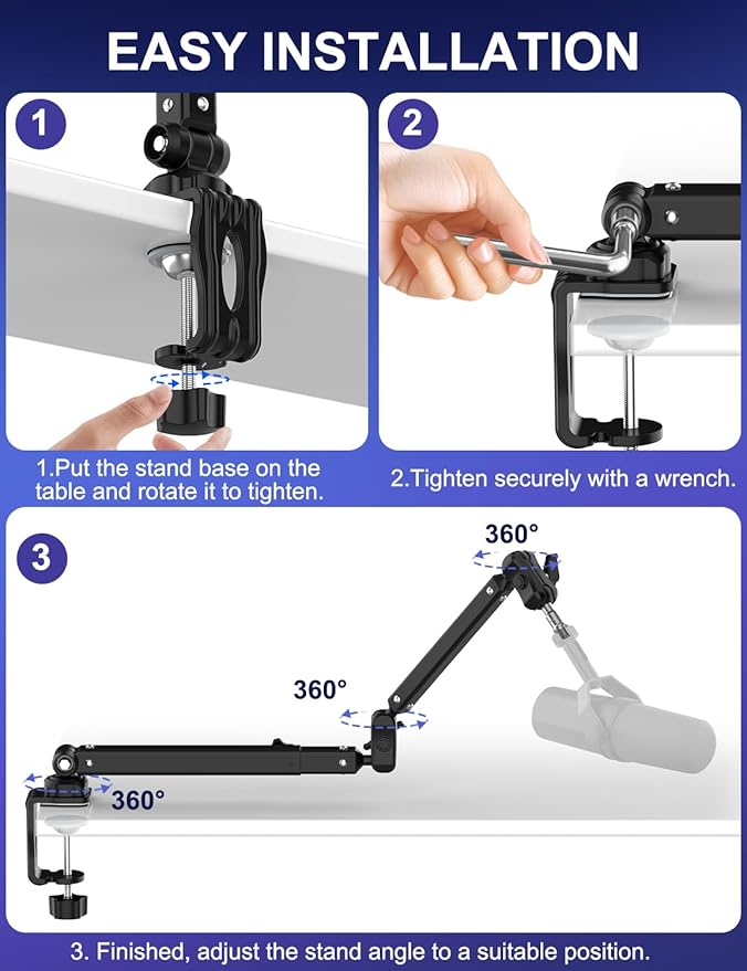 Kairiyard Microphone Boom Arm, 360° Rotatable Heavy Duty Stable Metal Low Profile Mic Arm Stand Desk Mount for Podcast Live Streaming Gaming Studio, with Cable Management, 3/8'' to 5/8'' Adapter