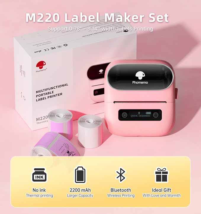 Phomemo M220 Label Maker & 1 Roll Brown Thermal Labels, 1.96" x 1.96"(50x50mm)