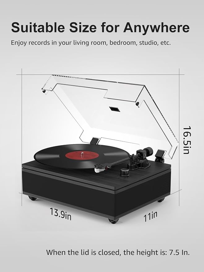 Record Player with Built in Speakers Bluetooth 5.3 Turntable Belt Drive 2-Speed Turntables for Vinyl Records High Fidelity Records Player with Magnetic Cartridge AT-3600L, Cool Light Strip, Black