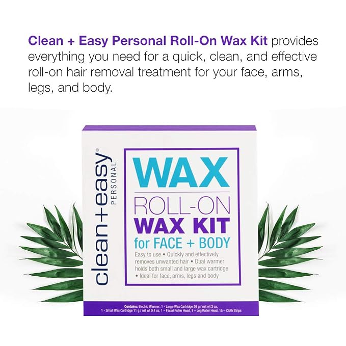 Clean + Easy Roll on Wax Kit – Hair Removal System with Dual Electric Warmer, Cartridges & Strips, At-Home Wax Roller Kit, 120V