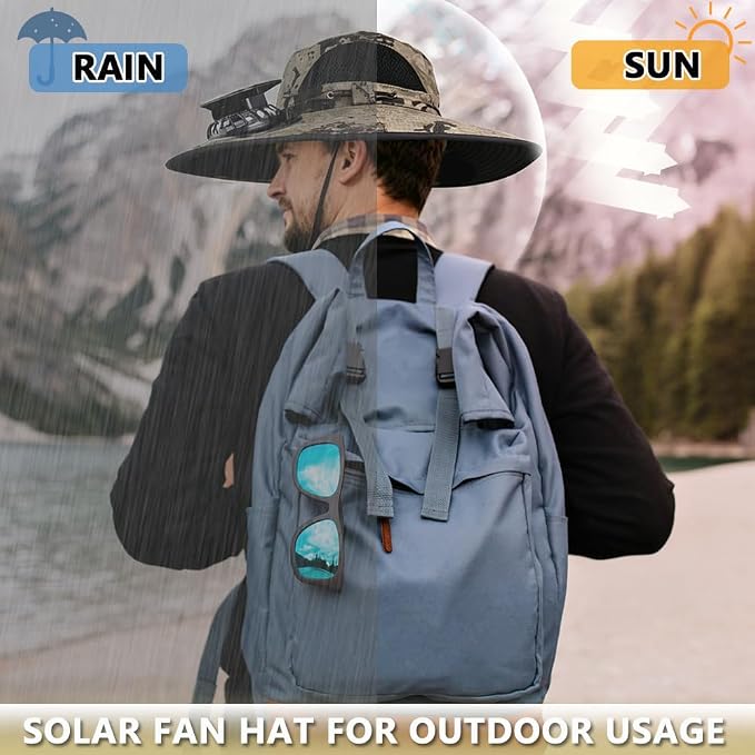 Solar Fan Hat Rechargeable 2Detachable Solar Fans,Water-Repellent Wide Brim Bucket Hat, Outdoor Camping Hiking Golf Sun Hat