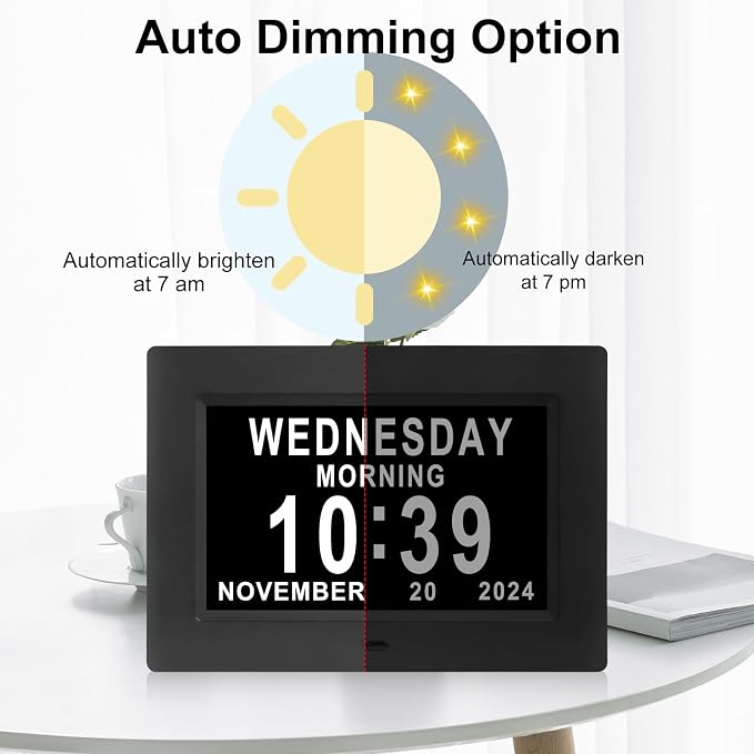 Johnziny 7 Inch Digital Clock with Day and Date for Elderly Large Display Digital for Elderly Dementia Clock Alarms, 12 Alarms and 8 Tags,4 Colors Display Calendar Alarm Clock(Black)