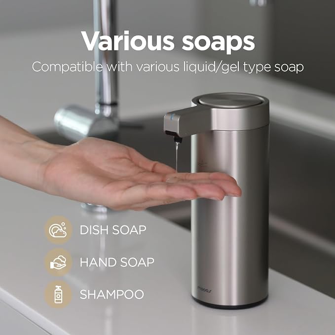 Mooas Automatic Soap Dispenser Bundle– Liquid (Metal) & Foaming Touchless Automatic Soap Dispensers (White), Stainless Steel, Rechargeable, Adjustable Levels, IPX5 Waterproof for Bathroom & Kitchen