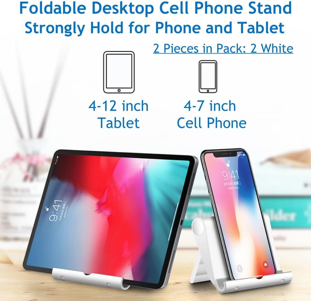 Cell Phone Stand for Desk 2 Pack Mobile Phone Holders Desktop Tablet Stand, Foldable Phone Dock Universal Adjustable Tablet Stand for Desk Compatible with Cell Phone Support (White 2 PCS)
