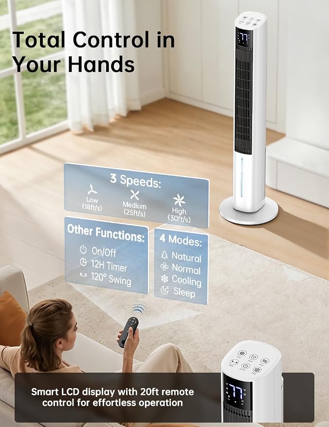 45" Windowless Air Conditioner, Portable Swamp Cooler Air Conditioner w/3 Speeds Max 30 ft/s, 4Modes, 4L Tank & 12H Timer, 120°Oscillation, 20 Ft Remote Evaporative Air Cooler for Room Indoor