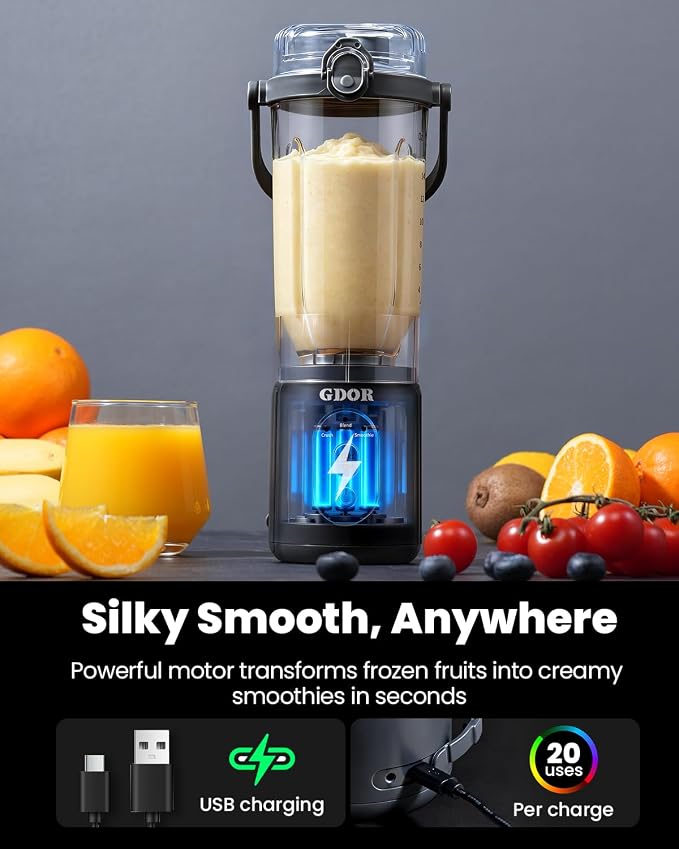 GDOR Portable Smoothie Blender, Twist & Go, Mini Blender Shakes and Smoothies,3 Auto Programs, Ice Crush,2x23 oz, Cordless, Dishwasher Safe, BPA-Free
