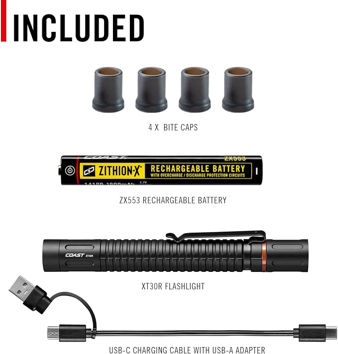Coast XT30R 1000 Lumen Rechargeable LED Pocket Flashlight, 5 Light Modes with 2-Way Clip and Bite Caps Included