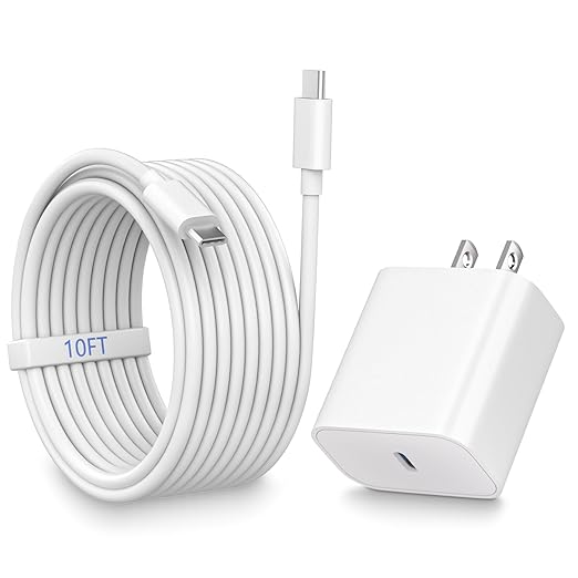 Fast iPhone 17 Charger, 20W Fast USB C Charging Block Wall Charger with 10Feet Long Usb Type C Chargers Compatible with iPhone Air/17/17Plus/17 Pro/17 ProMax/16/16 Plus/16 Pro/16e/16 ProMax/15/iPadPro