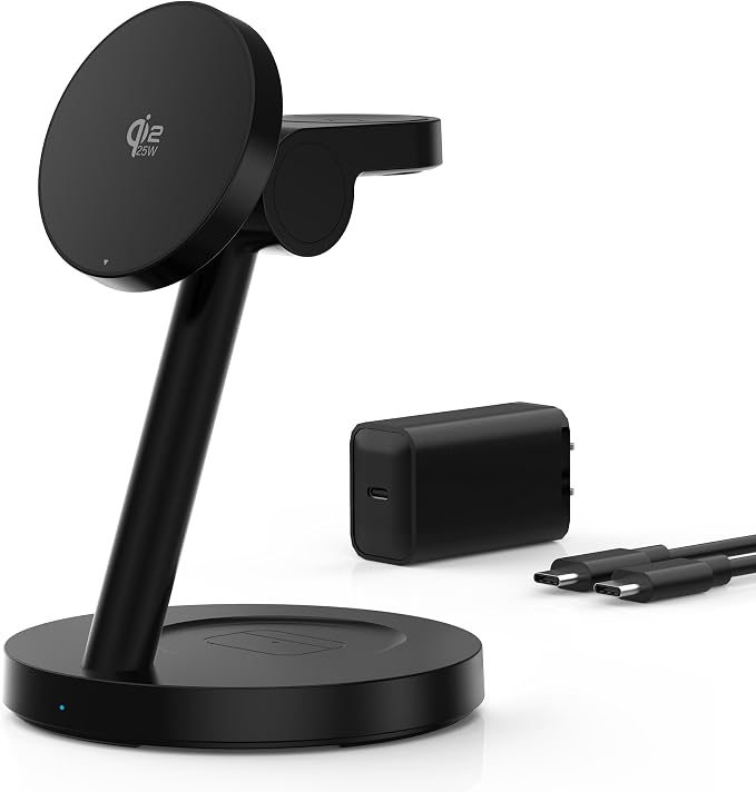 Qi2 25W 3 in 1 Fast Charging Station for Apple and Samsung | 2-year warranty, MagSafe, 18.5° tilt adjustment, 45W PD adapter, ideal for home office desk multi device