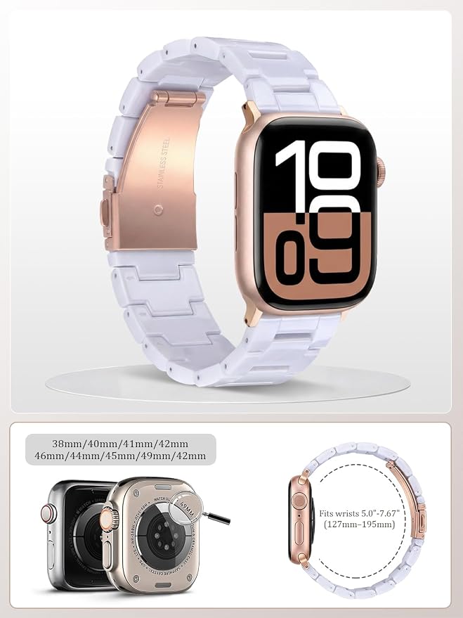 V-MORO Resin Band Compatible with Apple Watch Bands Series 11/10/9/8/7 46mm 45mm 44mm 42mm iWatch 6/5/4/3/2/1/SE with Rose Gold Buckle iWatch Ultra 49mm Lightweight Wristband Strap Women Men,White