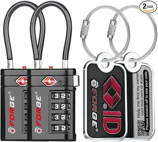 Forge TSA Approved Luggage Locks 4 Digit Combination TSA Travel Locks with TSA008, Open Alert Indicator, Zinc Alloy Body for Luggage, Suitcase, Backpack, and More. 2 Black Locks and 2 TSID.