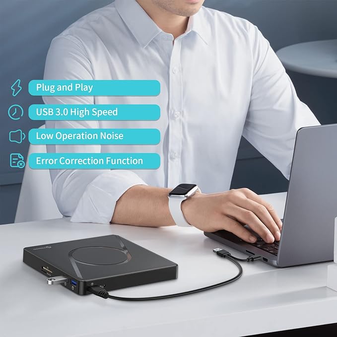 PHIXERO External DVD Drive for Laptop, USB 3.0 Type-C CD/DVD +/-RW ROM Burner DVD Player with 2 USB A Ports and SD/TF Card Slot for Laptop or Desktop PC Windows XP/7/8/10, MacBook, Linux
