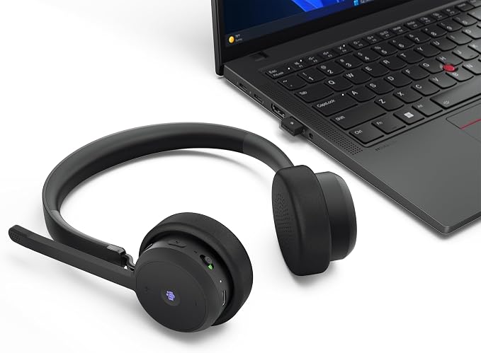 Lenovo Wireless VoIP Headset Teams Certified, Noise-Canceling Mic, Bluetooth 5.3 Multipoint, USB-A Receiver, 31-Hour Talk & 60-Hour Playback, Lightweight Over-Ear Design, Replaceable Earcups
