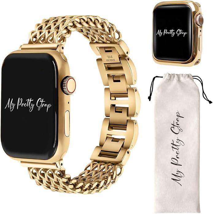 My Pretty Strap Gold Apple Watch Band & Glossy XOXO Protective Case Bundle – Elegant Stainless Steel Strap & Luxury Metal Cover for Apple Watch Series 1-11, SE & Ultra (40MM) Mermaid
