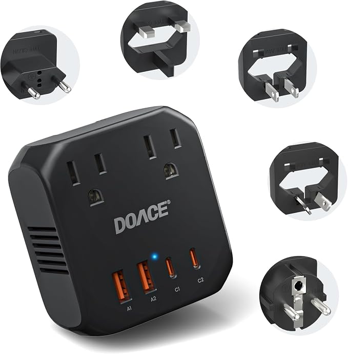 DOACE 2000W Voltage Converter US to Europe for Hair Dryer - 220V to 110V Converter for European Travel, Power Converter Adapter Combo with 2 PD/QC & UK/AU/US/IT/European Travel Plug Adapters