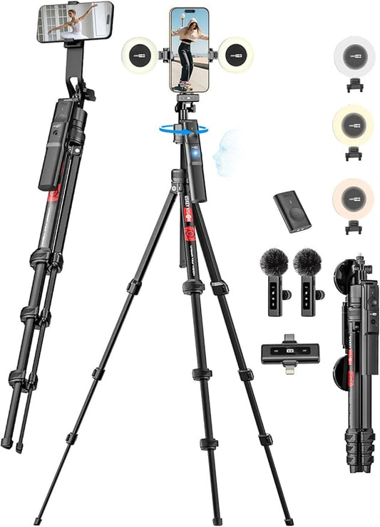 USKEYVISION Vlogging Kit w/Remote,YouTube Starter Kit,Auto Face Tracking Tripod for iPhone w/Light,Phone Stand for Video Recording,Camera Mount Tripod,Wireless Lavalier Microphone
